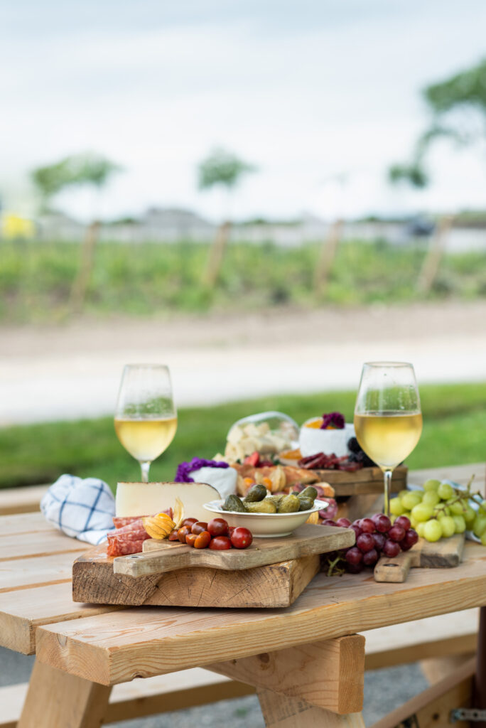 Image of a picnic table with a view the vineyards. On the table there are glasses of white wine, assorted fruits and cheeses.